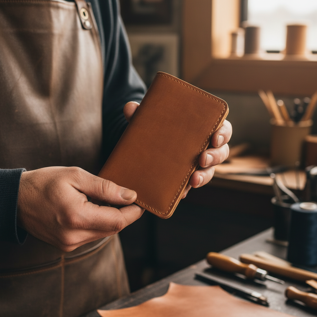 Leather worker holding up finished notebook