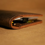 Close up of a brown leather field notes cover with money and cards on a matching brown background