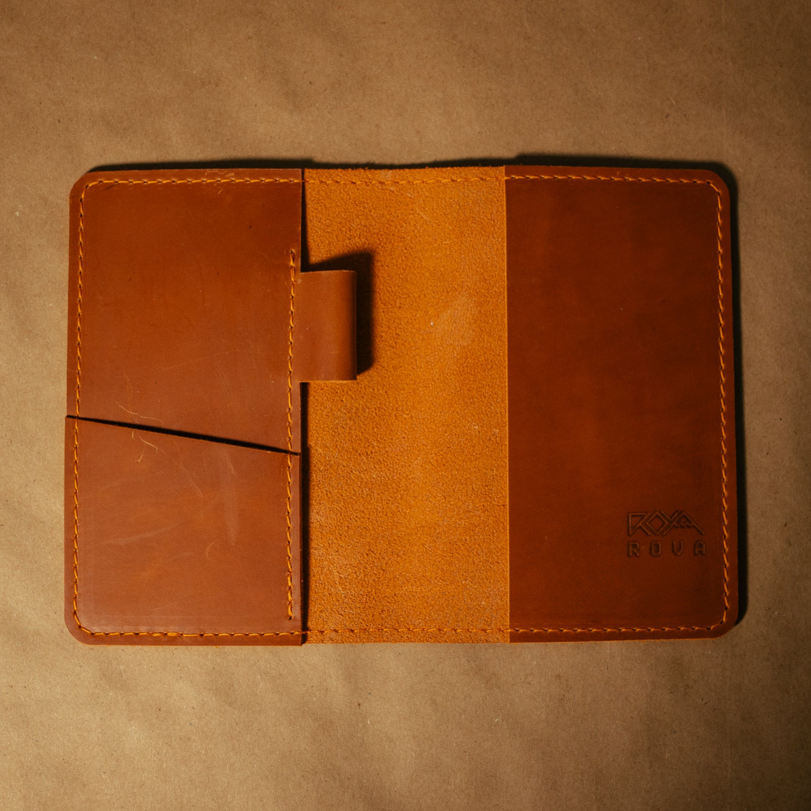whiskey orange leather field notes cover empty on a matching brown background