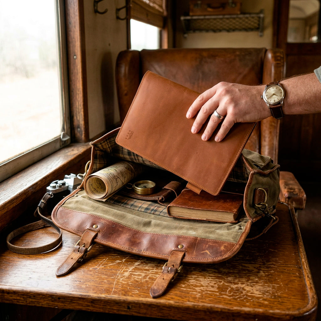 Person putting a leather journal cover into a leather bag on a wooden table near a window.