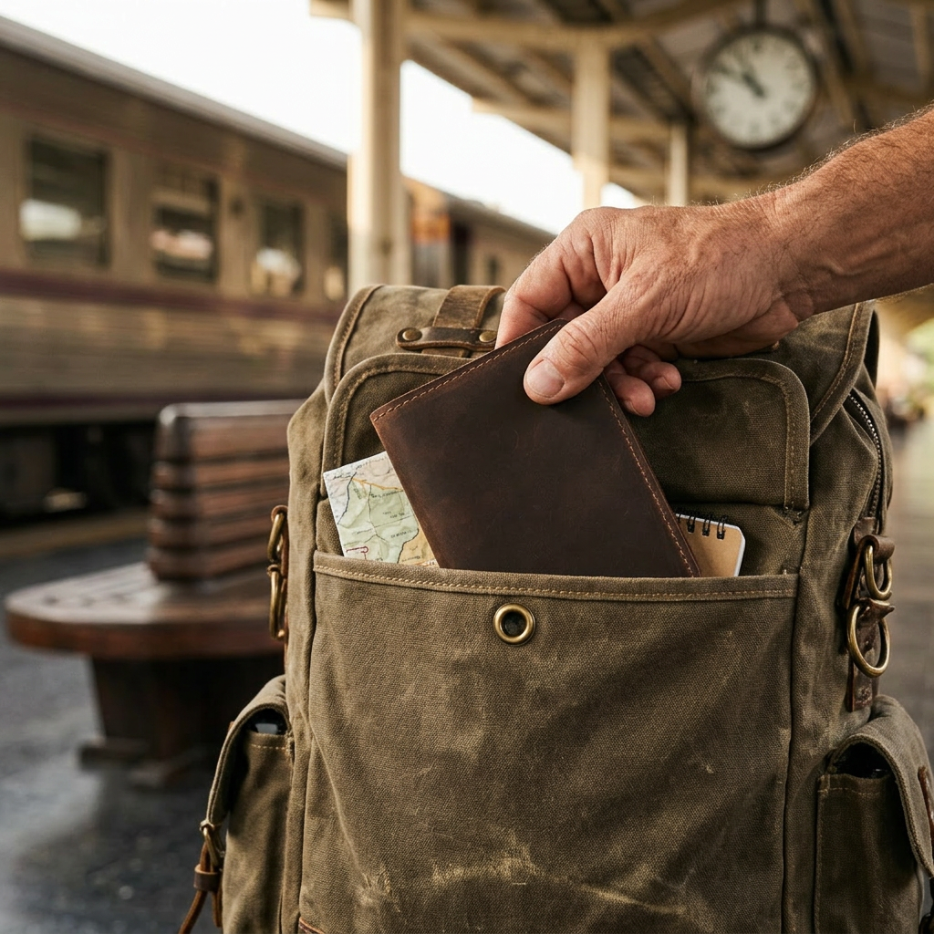 Person placing a brown leather field note cover into a green backpack at a train station.